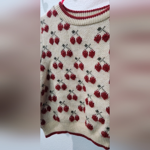Cider Contrasting Binding Cherry Pattern Knitted Crop Top - Picture 4 of 5